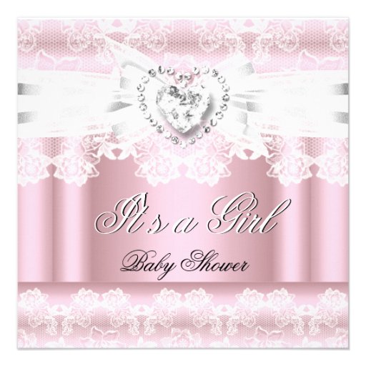 Baby Shower Pink White Lace Bow Diamonds Images Custom Announcements