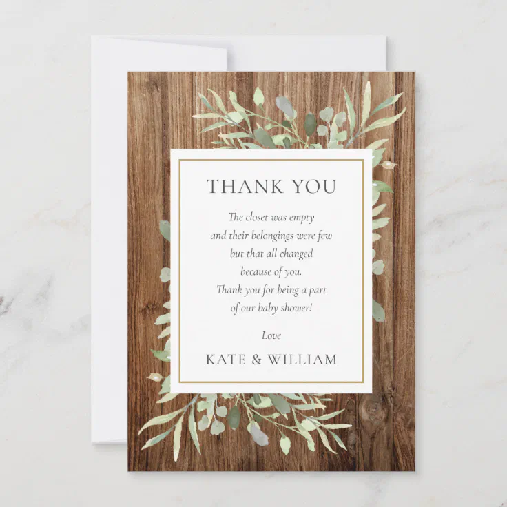 Baby Shower Poem Greenery Leaves Rustic Wood Thank You Card Zazzle