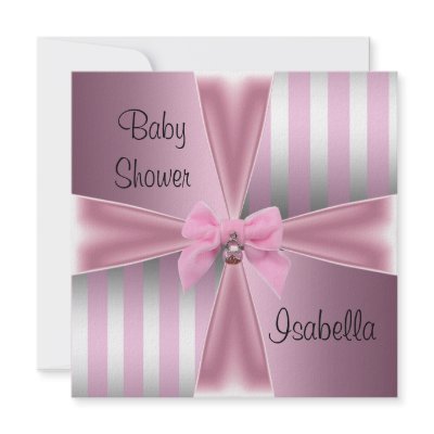 Baby Shower Pretty Satin Pink Silver Stripe Bow Personalized Announcement by InvitationCenter