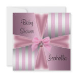 Baby Shower Pretty Satin Pink Silver Stripe Bow Personalized Announcement