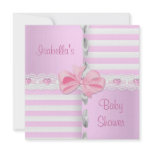 Baby Shower Pretty Satin Pink White Stripe Bow Announcement