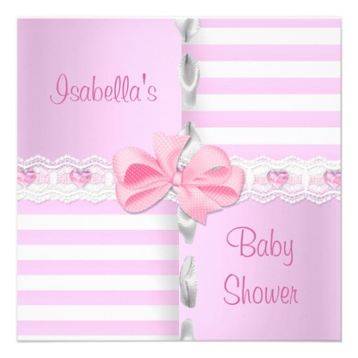 Baby Shower Pretty Satin Pink White Stripe Bow Announcement (front side)