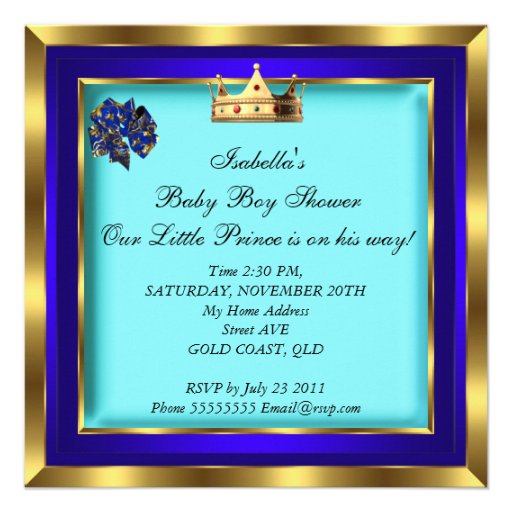 Baby Shower Royal Blue Gold Boy crown prince 2 Custom Announcement