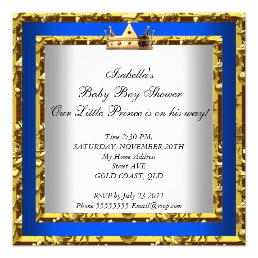 Baby Shower Royal Blue Gold Boy crown prince 2 Personalized Invites