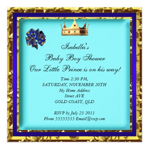 Baby Shower Royal Blue Gold Boy crown prince Custom Invitations