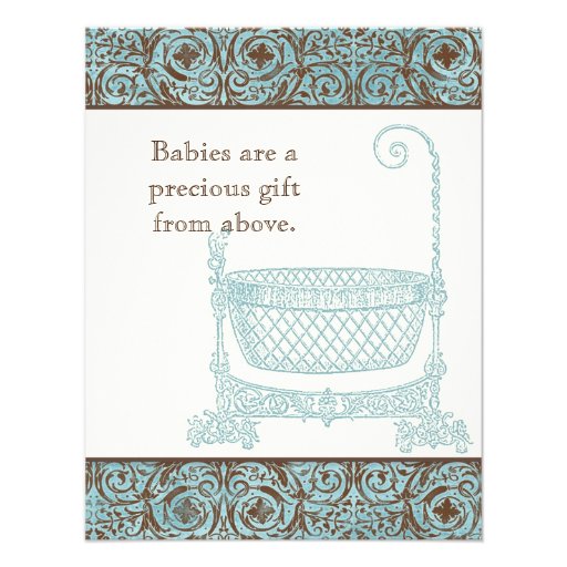 Baby Shower RSVP - Blue Brown Damask Cradle Personalized Announcements