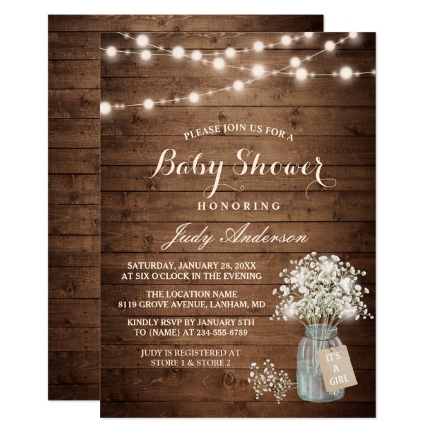 Baby Shower Rustic Baby's Breath Floral Mason Jar Card (front side)
