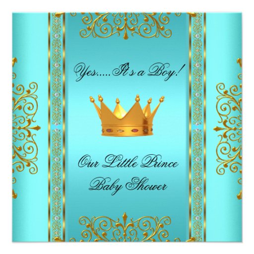 Baby Shower Teal Blue Gold Boy Prince Crown Personalized Announcements