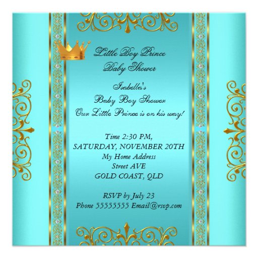 Baby Shower Teal Blue Gold Boy Prince Crown Personalized Announcements