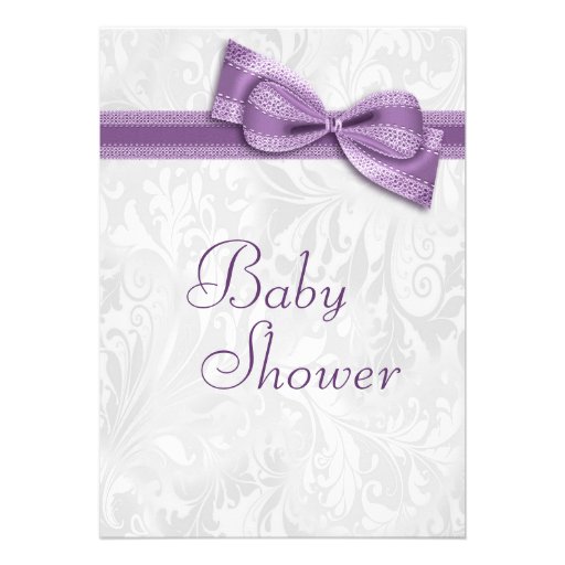 Baby Shower White Damask and Faux Purple Bow Cards