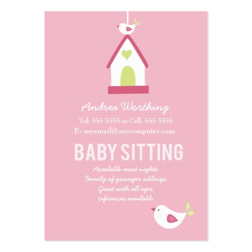 Baby Sitter Sitting Birds Business Card Template (back side)