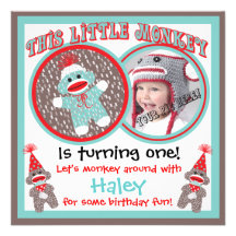 Baby Sock Monkey Birthday Party Invitations