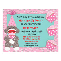 Baby Sock monkey cupcake Birthday Party Invitation
