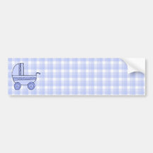 Baby Stroller. Light Blue on Check Pattern. Bumper Sticker
