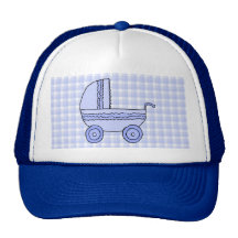 Baby Stroller. Light Blue on Check Pattern. Trucker Hats