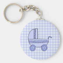 Baby Stroller. Light Blue on Check Pattern. Keychains