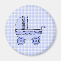 Baby Stroller. Light Blue on Check Pattern. Fridge Magnet