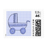 Baby Stroller. Light Blue on Check Pattern. Postage Stamps