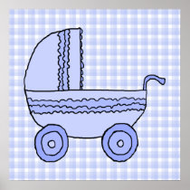 Baby Stroller. Light Blue on Check Pattern. Posters