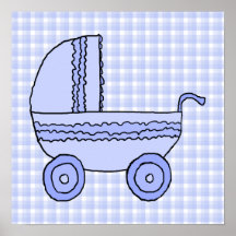 Baby Stroller. Light Blue on Check Pattern. Print