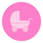 Baby Stroller. Light Pink and Bright Pink. Round Stickers