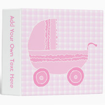 Baby Stroller. Light Pink on Pink Gingham. 3 Ring Binders