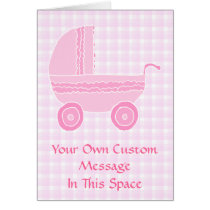 Baby Stroller. Light Pink on Pink Gingham. Greeting Cards