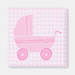 Baby Stroller. Light Pink on Pink Gingham. Fridge Magnets