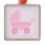 Baby Stroller. Light Pink on Pink Gingham. Christmas Ornaments