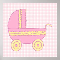 Baby Stroller. Pink and Yellow on Pink Check. Print