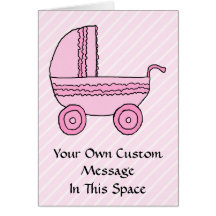 Baby Stroller. Pink on Light Pink Stripes. Greeting Card
