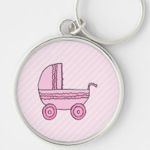 Baby Stroller. Pink on Light Pink Stripes. Key Chain