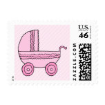 Baby Stroller. Pink on Light Pink Stripes. Postage Stamp
