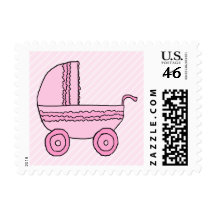Baby Stroller. Pink on Light Pink Stripes. Postage Stamp