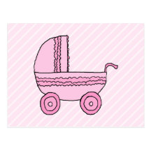 Baby Stroller. Pink on Light Pink Stripes. Postcard