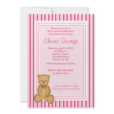 Baby Teddy Bear Pink Stripe Baby Shower Invitation by allpetscherished