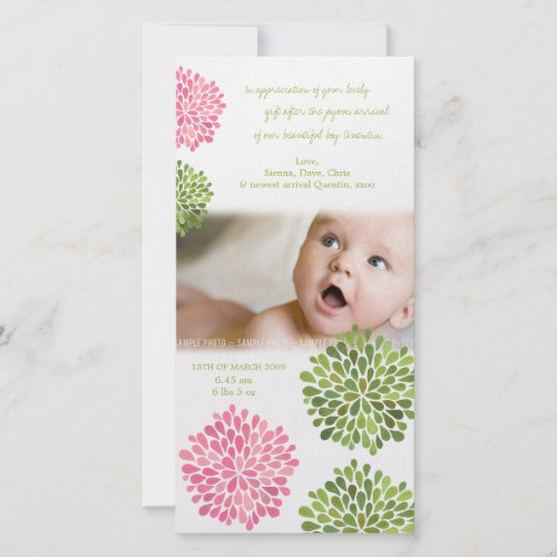 Baby Thank You Card Pink &amp; Green Flowers Photo Card Template