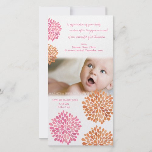 Baby Thank You Card Pink &amp; Orange Flowers Photo Card Template