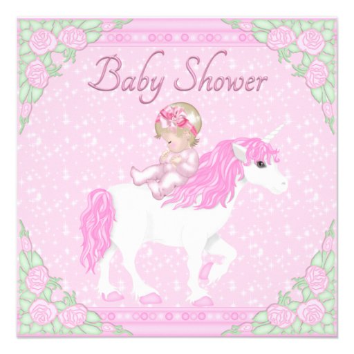 Baby, Unicorn and Roses Pink Baby Shower Announcements