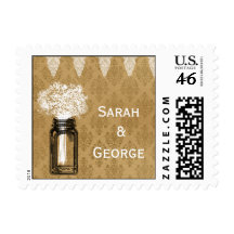baby's breath in mason jar, burlap wedding stamps