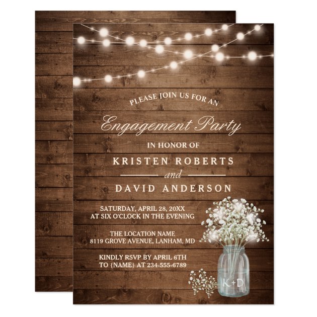 Baby's Breath Mason Jar Rustic Engagement Party Card (front side)