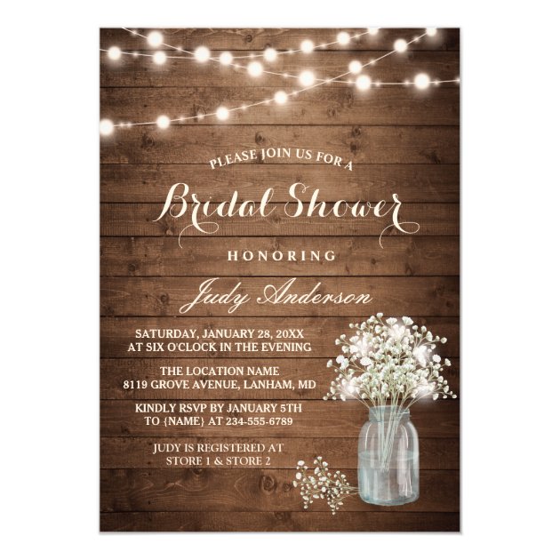 Baby's Breath Mason Jar Rustic Wood Bridal Shower Card (front side)