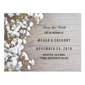 Baby's Breath Rustic Save The Date Postcard by jinaiji at Zazzle