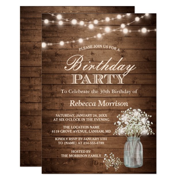 Baby's Breath Rustic String Lights Birthday Party Card