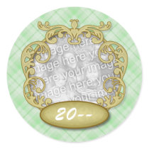 Baby's First Christmas Light Green Plaid Round Stickers