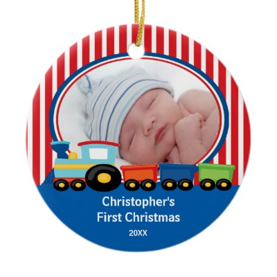 Baby&#39;s First Christmas Photo Ornament Train Boy