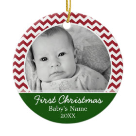 Babys First Christmas - red chevrons and green Double-Sided Ceramic Round Christmas Ornament