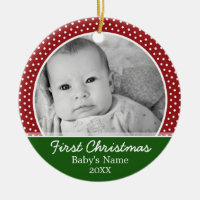 Babys First Christmas - Red Polka Dots Double-Sided Ceramic Round Christmas Ornament