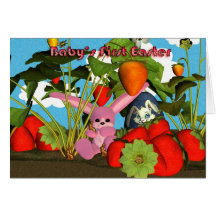 Baby's First Easter with pink bunny strawberries Greeting Cards