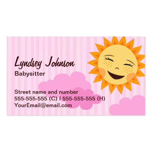 Babysitter business card, pink with cute sun (front side)